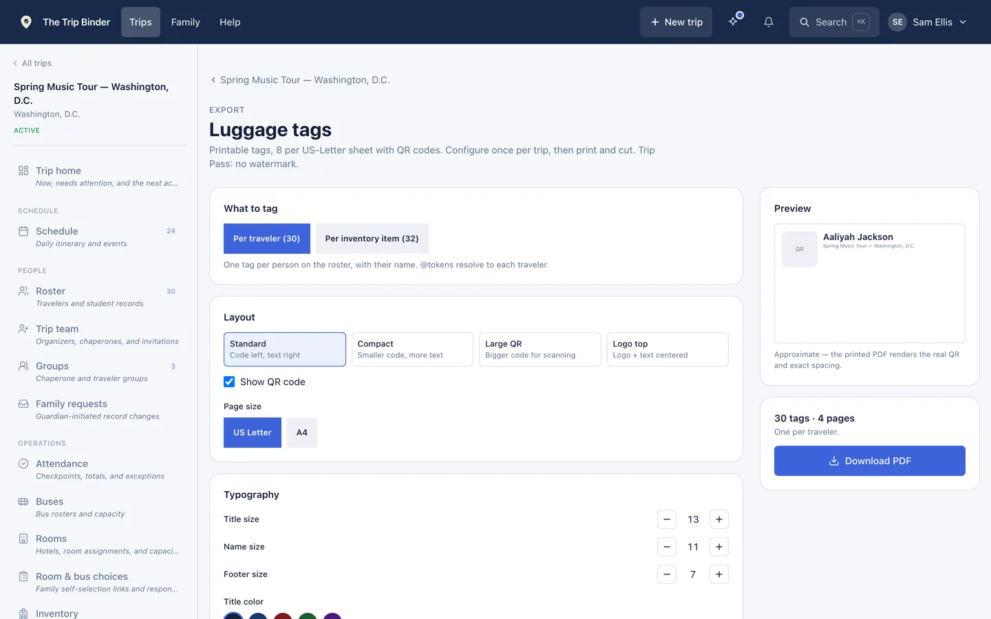Luggage tag designer with layout, page size, typography and printed field options, and a live preview