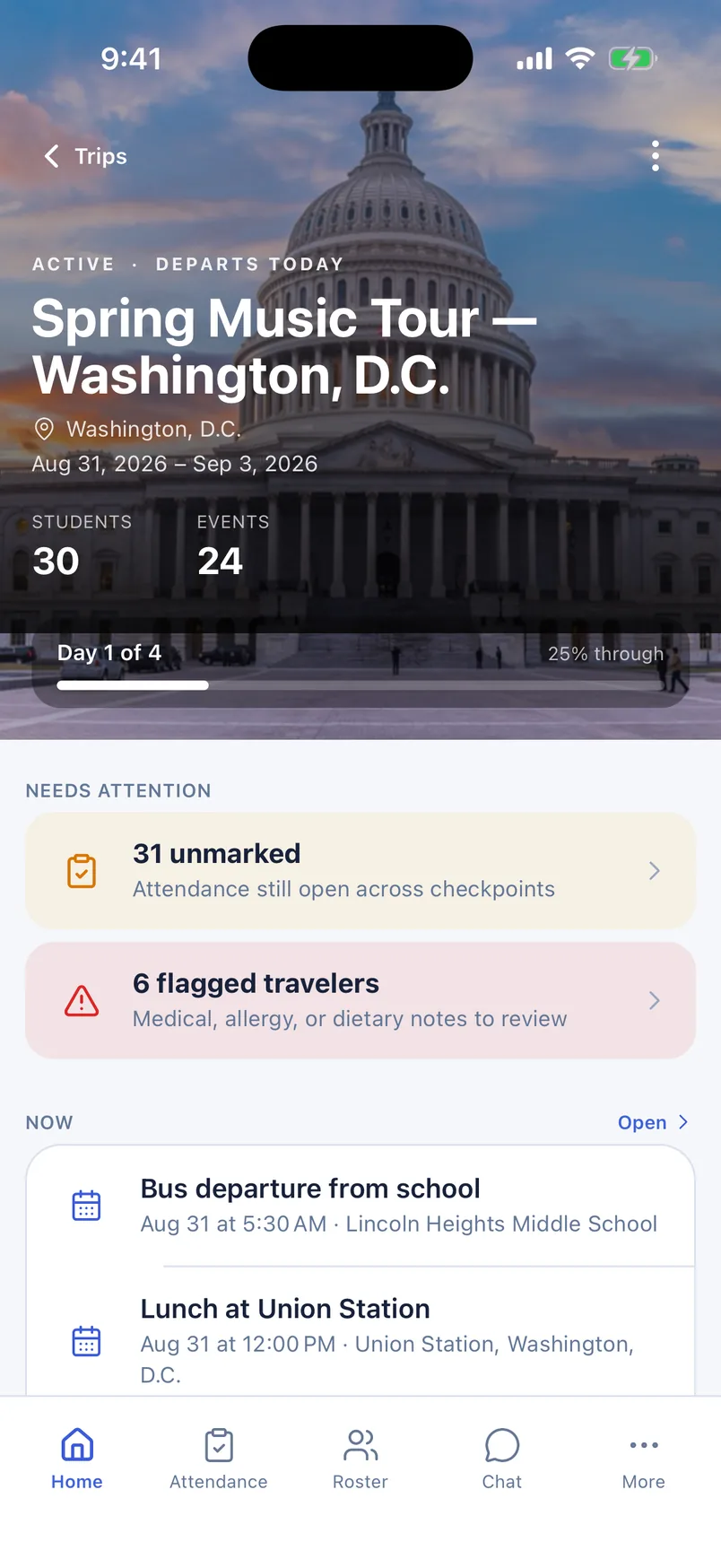 Trip home on iPhone showing trip progress and the next event